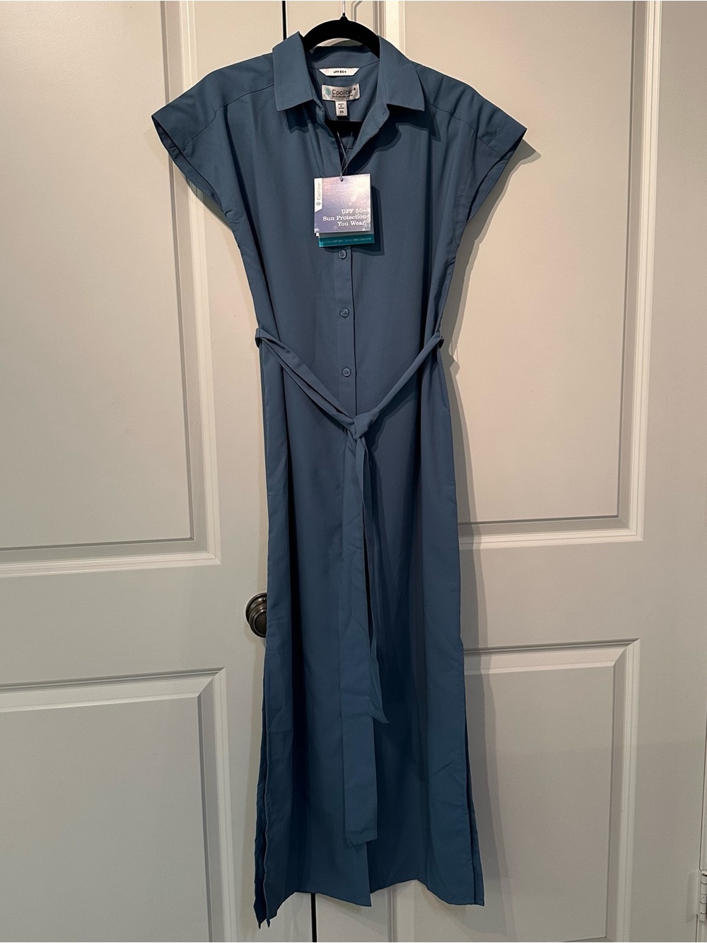 Coolibar Slate Blue Maxi Shirt Dress with Tie Waist UPF 50+ Size XS